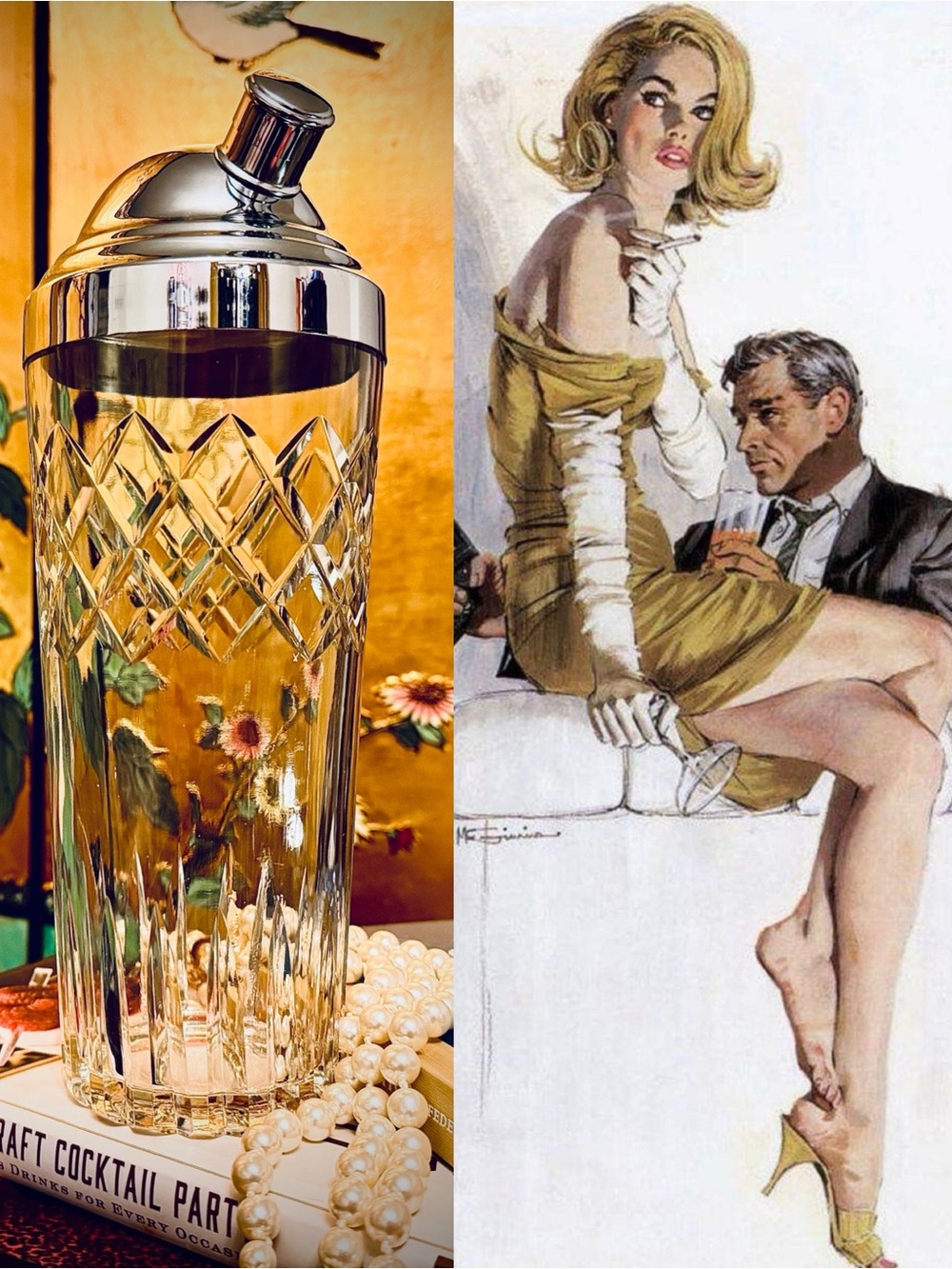 Atomic era crystal cocktail shaker, 1960s ephemeral bar ware.
